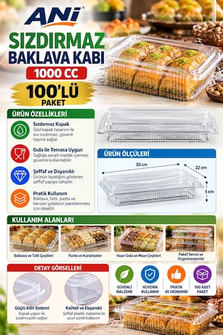 Anı Sızdırmaz Baklava Kabı 1000 Cc 100'lü 30 X 22 X 5 Cm