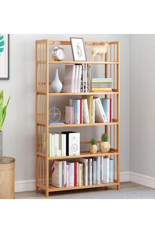 Valkyrie 5 Katlı Bambu Raf Kitaplık 60x23x128 Cm Çok Amaçlı Düzenleyici Dekoratif Organizer Kahverengi