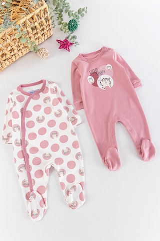 Leopar Figürlü Puantiyeli Uzun Kollu 2'Li Kız Bebek Tulum Takım 001