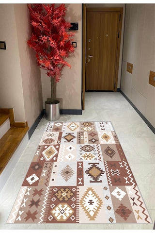 STY Home Krem Kahverengi Dijital Baskı Salon Halısı Kaymaz Tabanlı Yıkanabilir Halı Yolluk5 Kahverengi