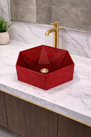 Mermer Desenli Tezgah Üstü Altıgen Taş Lavabo 45 X 16 Cm Bordo