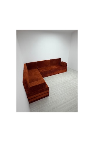 Premium Kadife Kumaş, Konforlu Yer Kanepesi ,modüler Şark Köşesi Takımı - Kiremit - 40 Cm- L Set Turuncu