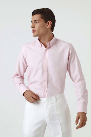 D'S Damat Ds Damat Slim Fit Pembe Armürlü Düğmeli Yaka Pamuklu Gömlek 5HC02ORT07265 Pembe