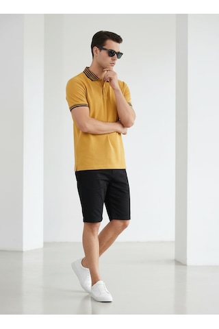 Giyim Dünyası Erkek Yaka Çizgili Polo Yaka Kısa Kol Tshirt Hardal