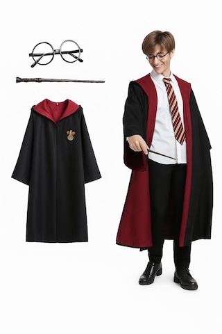 Kg Harry Potter Premium Kostüm Seti Cübbe Asa Gözlük Seti Gryffindor Slytherin Hufflepuff Kırmızı