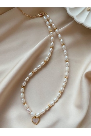 Vip Tasarım Gerçek İnci Sedef Kalpli Kolye Altın Kaplama Beyaz