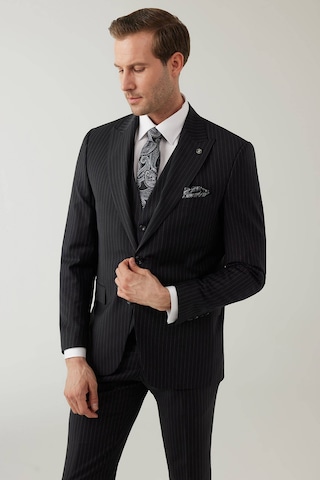Erkek Siyah Slim Fit Sivri Yaka Yelekli %100 Yünlü Takım Elbise