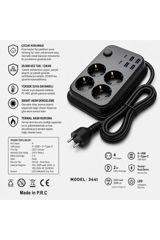 Coverzone Termal Akım Korumalı Uzatma Kablosu 4 Priz 4 Usb 2 Type
