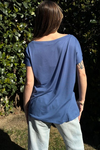 Kadın İndigo, Laci & Beyaz Kısa Kol, Color Block Tasarım, Salaş Bluz Indigo