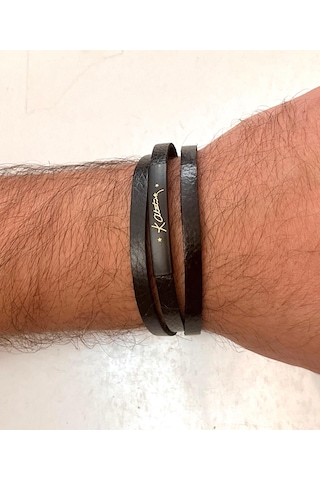 Kemal Atatürk Yazılı %100 Deri 3lü Erkek Bileklik Set 21 Cm Türk