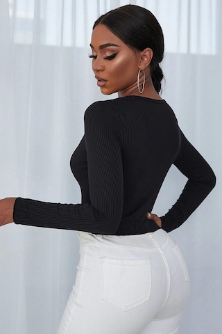 Moda Dua Kadın Siyah Uzun Kollu Düğmeli Göğüs Ve Göbek Dekolteli Crop Top Bluz