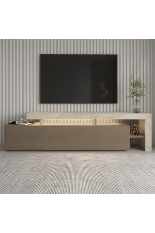 Beliz Modern Led Işıklı 3 Kapaklı, Raflı Tv Sehpası 192 Cm Traverten/sıcak Meşe
