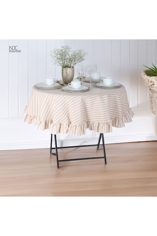 Dnc Home Tekstil Sütlü Kahve Çizgili Keten Yuvarlak Fırfırlı Masa Örtüsü Sütlükahve