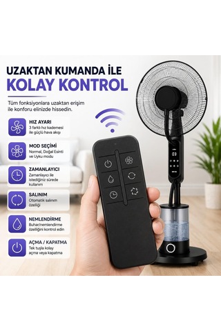 16 İnç Buharlı Vantilatör, 4l Su Hazneli Ayaklı Fan, Uzaktan Kumandalı, Led Ekranlı, 3 Hız Kademeli, 3 Modlu, Ne