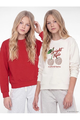 LC Waikiki Lcw Kids Ekru Bisiklet Yaka Baskılı Kız Çocuk 2'li Sweatshirt Ecru
