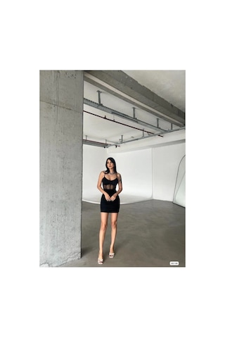 Angbutik Kadın Tasarım V Yaka Askılı Bodycon Mini Elbise Siyah