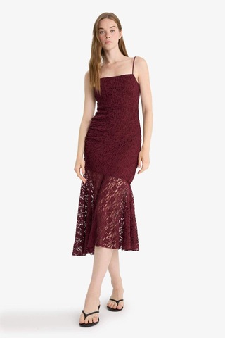 Defacto Bodycon Vücudu Saran Askılı Dantel Midi Elbise F7886ax25aubr204 Bordo