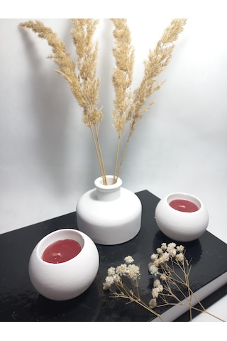 Şık Tasarım Beyaz Minimal Vazo, İkili Mumluk Set Ev&ofis,dekoratif Aksesuar Beyaz