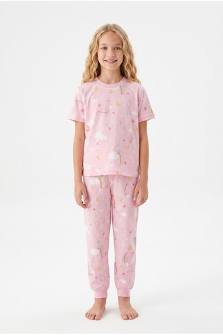 Alkın Kids 3-13 Yaş Kız Çocuk Gökkuşağı Desenli %100 Pamuklu Kısa Kollu Pijama Takımı Pembe