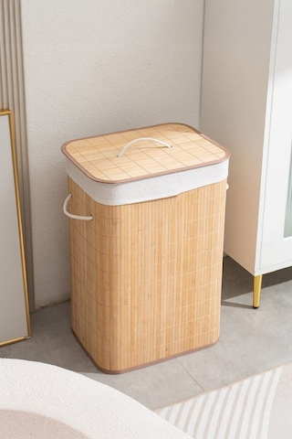 İronika Bambu Kirli Çamaşır Sepeti Halatlı Bambu Çamaşır Oyuncak Sepeti Dikdörtgen Açık Kahverengi