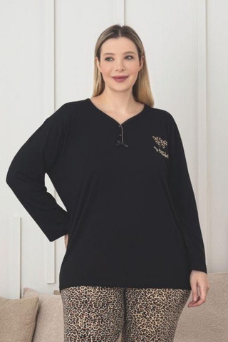 X-dreamy Büyük Beden Viskon Desenli Uzun Kollu Pijama Takımı Leopar