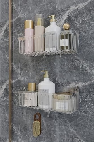 Banyor Yapışkanlı Banyo Rafı, 2'li Banyo Düzenleyici Organizer Banyo Duş Rafı Şampuanlık, Plstik Açık Ahşap