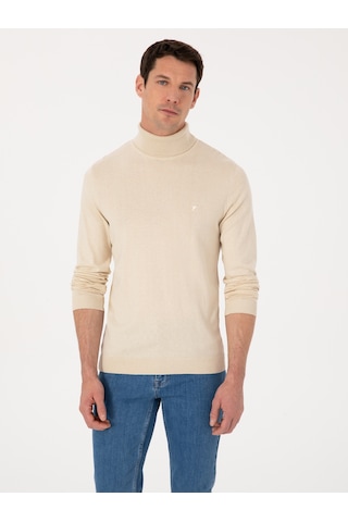 Cacharel Bej Slim Fit Pamuk Karışımlı Balıkçı Yaka Basic Triko Kazak