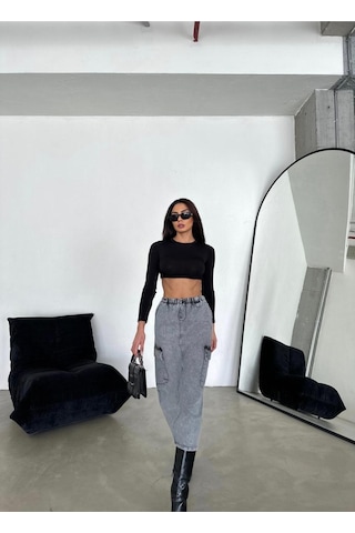 Zeo Basic Kargo Cepli Bel Lastikli Maxi Denim Etek Füme Füme Kar