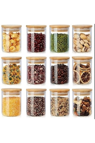 12'li Borosilikat Cam Baharatlık Seti - Sızdırmaz Silikonlu Bambu Kapak - 70 X100 Mm -300 Ml X12 Seffaf Cam