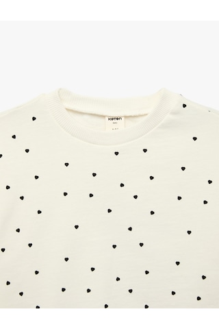 Koton Uzun Kollu Bisiklet Yaka Kalp Desenli Pamuklu Sweatshirt Ekru Desenli 7wmg10028ak