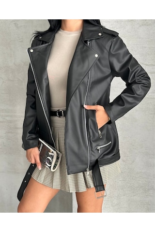 Prifaldi Zr Trend Oversize Uzun Kadın Siyah Deri Ceket