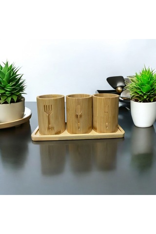 Bambu Altlıklı 3'lü Çatal Kaşık Bıçak Düzenleyici Set 4 Parça Bambu