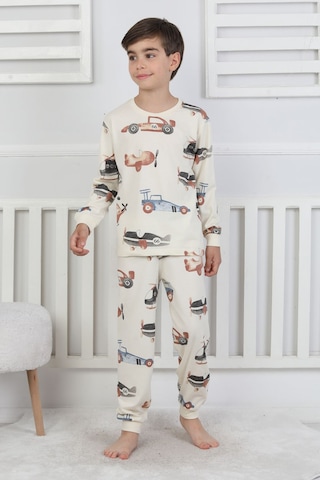 Zuzunga Racing Car And Aeroplane Desenli Erkek Çocuk Pijama Takımı Bej