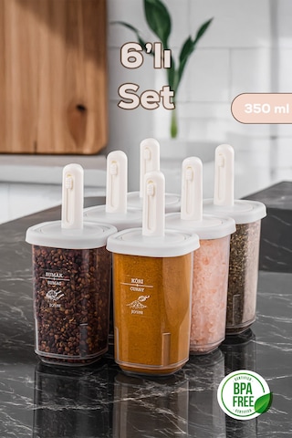 Porsima 4360 6lı Kaydırmalı Kendinden Kaşıklı Sızdırmaz Kapaklı Etiketli Baharatlık Seti - Saklama Kabı Beyaz - Şeffaf