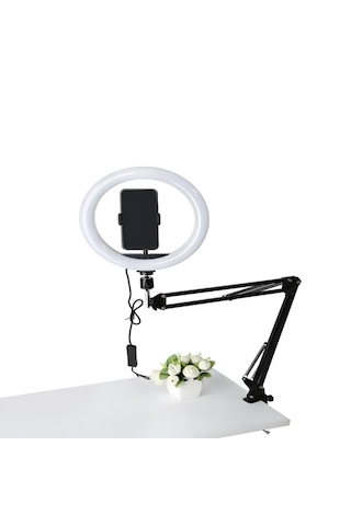 Smaylıng Masa Tipi 10 İnç Ring Light Halka Işık + Kelepçeli Kol Ayak + Telefon Tutucu 3 Mod 10 Kademe Led Işık