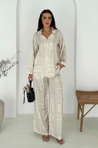Geometrik Desen Modal Saten Takım Beyaz Beyaz