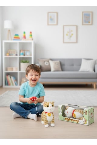 Sevimli Kedi Uzaktan Kumandalı Sesli Miyavlıyan Dil Çıkaran 5 Fonksiyonlu Oyuncak Peluş Hayvan Turuncu Çok Renkli