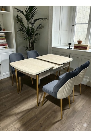 Msy Home Traverten/sonomo/siyah Mermer Gold/krom Ayaklı Mdf 80 130 Kelebek Açılabilr Yemek Masası Traverten Gold