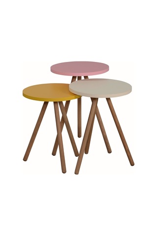İntergo Renkli Üçlü Zigon Sehpa Ahşap Ayaklı Yuvarlak Pastel Tasarım Sarı-Krem-Pembe