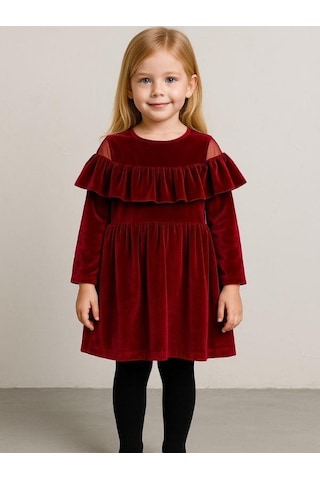 Kız Çocuk Omuzları Açık Kat Kat Fırfırlı Kırmızı Kadife Elbise-16404 Kırmızı
