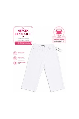 Büyük Beden Beli Lastikli Cepli Figen Model Kadın Kapri Beyaz