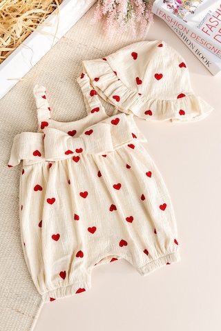 Babymod Şapkalı Kalp Desenli %100 Pamuk Yazlık Kız Bebek Tulum Set Takım Kırmızı