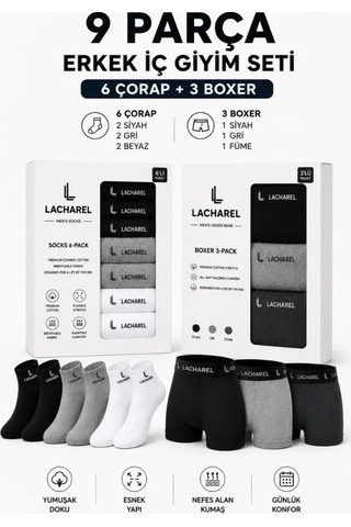 Zenna Tarz Erkek 9lu İç Giyim Seti Pamuklu 3 Boxer 6 Çorap Çoklu Paket - Siyah - Füme - Gri - Beyaz Çok Renkli
