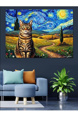 Van Gogh Tarzı Yıldızlı Gece Kedisi Dekoratif Kanvas - Mdf Ahşap Tablo