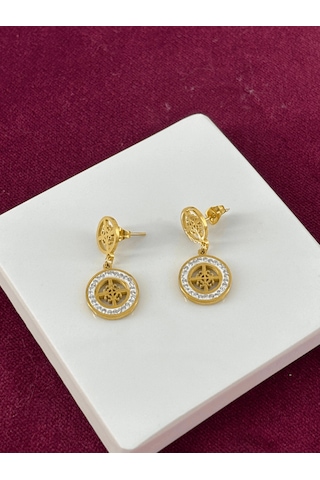 Ortası Çiçekli Ve Küçük Taşlı Sallantılı Gold Küpe Gold