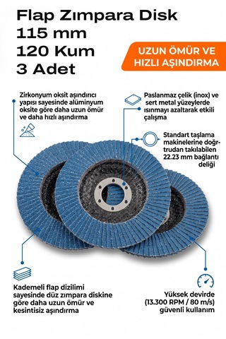 115 Mm Flap Zımpara 120 Kum Disk Taşlama Zımparası 3 Adet Zirkon