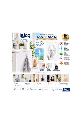 İbico İ17-023 Askı 10 Adet Tekli Metal Uçlu Mika Kristal Pls. Tabanlı Şeffaf Pvc Yapışkanlı Montaj - 25'li Paket