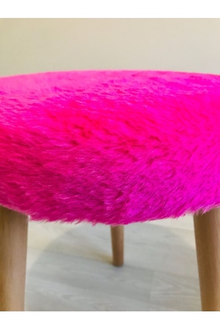Neta Home Ahşap Ayak Dekoratif Fuşya Pelüş Puf Tabure Bench Yuvarlak Koltuk Sandalye Pembe