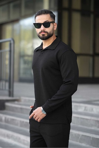 Mfz Giyim Petekli Alt Üst Pantolon Ve Patlı Yakalı Erkrk Sweat Takımı Siyah