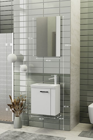 Biani Minila 45 cm Banyo Dolabı,Seramik Lavabolu, Aynalı,Lavabo Dahil,Mdf,Mat Beyaz